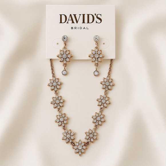 David’s Bridal Rose Gold Floral Jewelry Set – Necklace & Earrings | Glam Sparkle - Picture 1 of 9